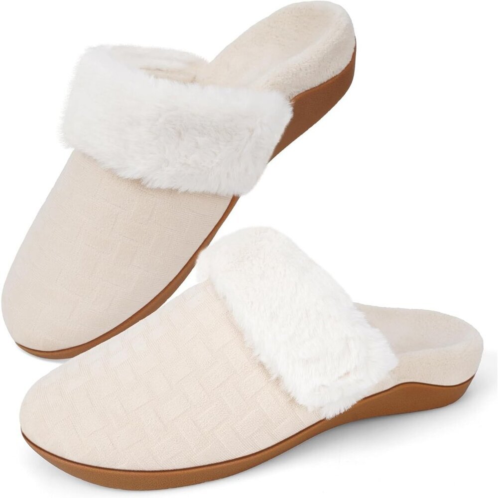 Women's Cream Fuzzy Slipper Bedroom Support Slip On Scuffs Rubber Sole Shoes